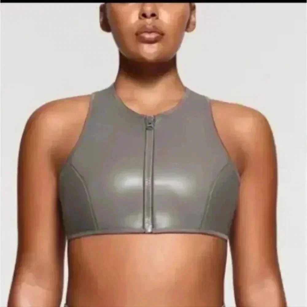 Skims Swim Top Front Zipper Racerback Rubberized Scuba Gray Chalk 2X